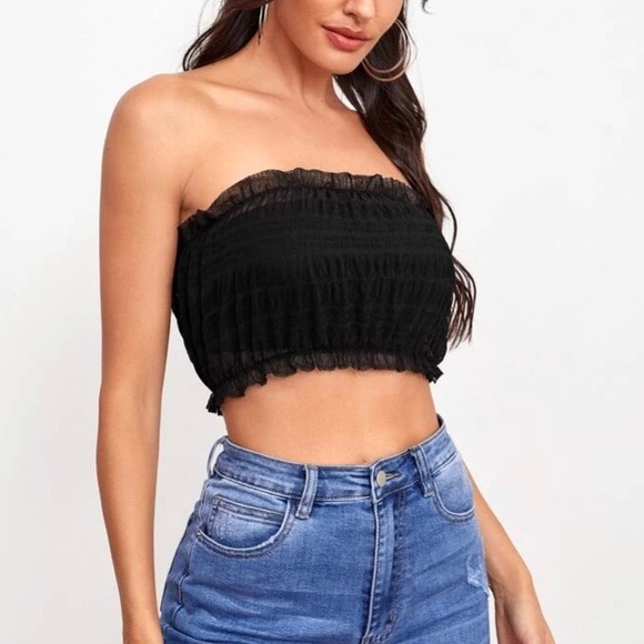⭐️LAST ONE⭐️ Frill Trim Shirred Mesh Tube Top - Picture 3 of 4